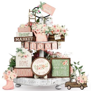 Imagem de Bucherry Conjunto de bandeja de flores de primavera em camadas, decoração de casa de fazenda, margarida, floral, placa de madeira, mesa rústica de primavera, centro de mesa, decoração de flores em