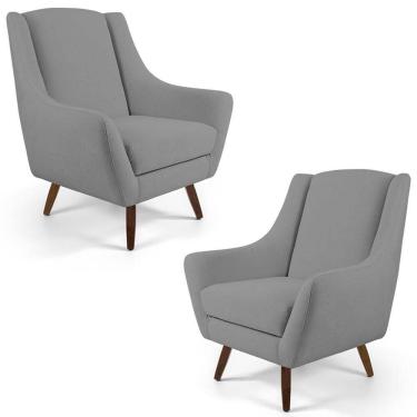 Imagem de Kit 02 Poltronas Decorativas Juliet Pés De Madeira C-416 Linho Cinza Escuro - Domi