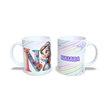 Imagem de caneca cerâmica 325 ml alfabeto princesas, todas as letras, nomes personalizados, Design Colorido com Flores (n)