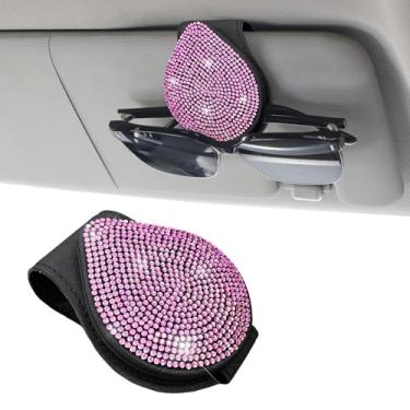 Imagem de MUQIDA Suporte de óculos de sol brilhante para viseira de sol de carro, suporte de gancho magnético automotivo de strass, viseira de óculos de veículo de couro, clipe de cartão de bilhete de cristal