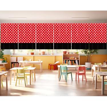 Imagem de 6 peças de cortinas de sala de aula decorações retangulares para sala de aula, cortinas de janela de volta às aulas, vermelho e preto, saia escolar de bolinhas para jardim de infância, creche, quarto