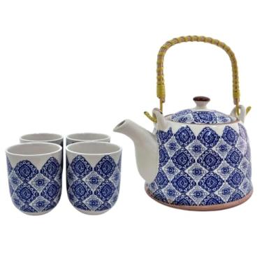 Imagem de Jogo de Chá com Bule de Porcelana 900ml com Infusor e 4 Copos 150ml | Kit Café Tokyo 30a(Azul Decorada)
