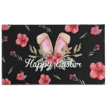 Imagem de boilopp home Tapete de porta de Páscoa feliz, tapete de boas-vindas de Páscoa, tapete antiderrapante de ovo de coelho com flores 43 x 76 cm, decorações de primavera para ambientes internos e externos