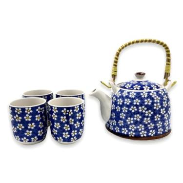 Imagem de Jogo de Chá com Bule de Porcelana 900ml com Infusor e 4 Copos 150ml | Kit Café Tokyo 30a(Azul com Flores Brancas)