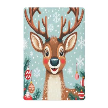 Imagem de Qilmy Lençóis de berço de rena de Natal com desenho fofo de rena, macio, respirável, elástico, lençol com elástico para meninos e meninas, mini berço 132 cm x 71 cm capa de colchão infantil portátil