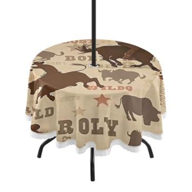 Imagem de Qilmy Cowboy Rodeo Toalha de mesa redonda impermeável de 152 cm com orifício para guarda-chuva e zíper – uso externo / interno resistente para pátio, churrascos, piqueniques, festas (serve para mesas