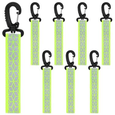 Imagem de 8 peças de alças refletivas verdes refletivas para mochila que brilham no escuro chaveiro mochila refletores ciclo noturno pingente refletivo etiqueta pingente chaveiro para roupas, caminhada, corrida