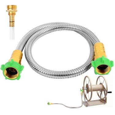 Imagem de AnyEasy Mangueira de jardim de metal curta com conector fêmea para fêmea, mangueira líder pequena de aço inoxidável para carretel de mangueira, adaptador de extensão de mangueira de água externa (1,5