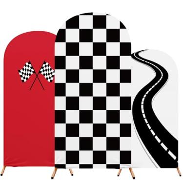 Imagem de RimCereal Pacote com 3 capas com tema de carro de corrida, arco de festa rápida, conjunto de 1,2 m, 1,5 m, 1,8 m, preto e branco, capa de arco de elastano quadriculada para decoração de aniversário