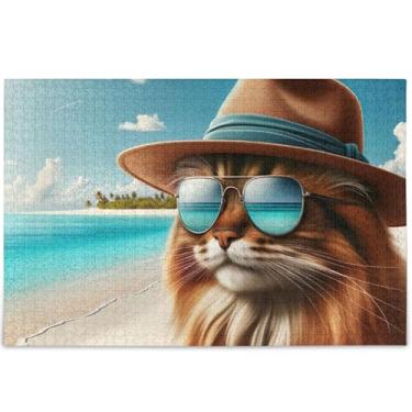 Imagem de Quebra-cabeça personalizado engraçado gatinho praia gato 500 peças presentes tecnológicos adultos para amantes quebra-cabeça família Prime quebra-cabeça arte animal, 52 cm x 37,8 cm