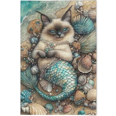 Imagem de Quebra-cabeça de sereia de gato siamês fofo personalizado 1000 peças presentes divertidos de elefantes brancos presentes exclusivos de animais arte colorida, 75 cm x 50 cm