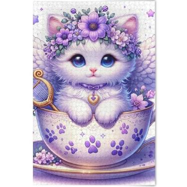 Imagem de Quebra-cabeça floral gato fofo gatinho violeta 500 peças para adultos estampa animal arte prima arte personalizada jogo técnico quebra-cabeça, presentes, 52 cm x 37,8 cm
