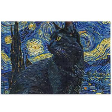 Imagem de Quebra-cabeça de gato preto personalizado noite estrelada 500 peças para adultos jogos engraçados presentes tecnológicos cena quebra-cabeças coloridos animais arte colorida, 52 cm x 37,8 cm