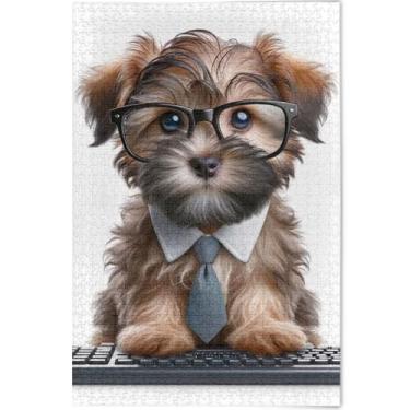 Imagem de Quebra-cabeça de cachorro fofo terrier para adultos 1000 peças decoração de arte animal engraçado quebra-cabeça cena de outono jogo personalizado engraçado, 75 cm x 50 cm