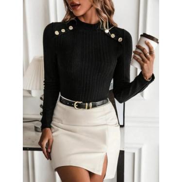 Imagem de Blusa feminina preta com nervuras - blusa de gola rolê elástica com botões e ombros, Preto, M