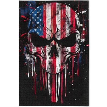 Imagem de Quebra-cabeça personalizado com caveira bandeira americana 500 peças para adultos amantes de elefantes brancos presentes legais Prime quebra-cabeças família brinquedo artístico, 52 cm x 37,8 cm