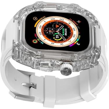 Imagem de MGTCAR Pulseira de borracha feminina de luxo Crtstal, para Apple Watch Ultra 8/7/6/5/4/SE 49 mm, 45 mm e 44 mm, moldura rígida de policarbonato estilo RM, acessórios esportivos (J, para 45 mm)