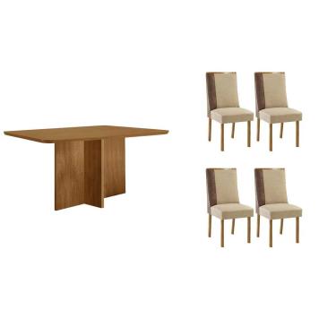 Imagem de Sala Jantar Mesa Berlim Tampo Curvo 120cm+4 Cadeiras Tilia Madeira Naturale - Capuccino/Linho Bege - Rufato