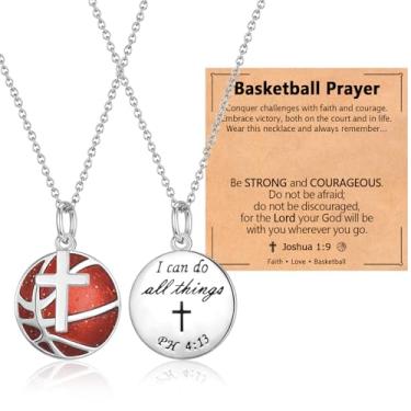 Imagem de EPIRORA Colar de softbol/futebol/vôlei, basquete, beisebol/tênis para meninas, 40,6 cm + 5 cm, colar com pingente de cruz, versículo bíblico de aço inoxidável, presente religioso para ela, Latão, Sem