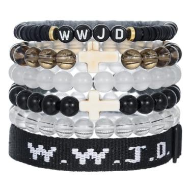 Imagem de Involsionary WWJD Pulseira de corda trançada feita à mão com contas de cristal cruz pulseiras elásticas O que Jesus faria pulseiras religiosas cristãs para mulheres homens Páscoa fé amizade joias