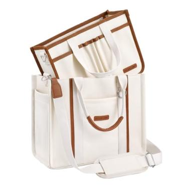 Imagem de BESBESME Bolsa feminina de lona com zíper e compartimentos – Bolsa tiracolo tiracolo com vários bolsos para laptop, Bege, Medium, Organizador destacável