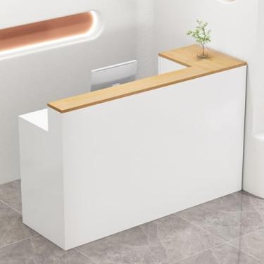 Imagem de Mesa de recepção moderna com gavetas trancáveis, recepção compacta na frente, pequena mesa de balcão de recepção com economia de espaço para escritório e varejo, 120 cm (esquerda E)