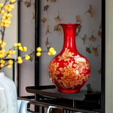 Imagem de Vaso de flores de cerâmica vermelha com estampa de peônia para decoração de casa, vaso alto de flores secas para sala de estar, escritório, armário de TV, jarra de templo, porcelana chinesa