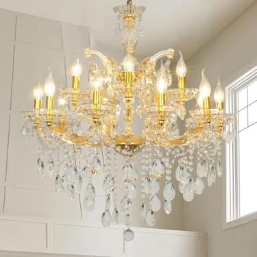 Imagem de Aheylity Lustres de cristal luminária - 15 luzes de teto alto pendurado lustre 2 camadas Maria Theresa luminária pendente de cristal lustre de luxo para entrada, escada, sala de jantar