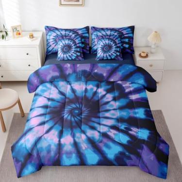 Imagem de Erosebridal Jogo de cama de casal roxo tie dye de 7 peças, espiral azul, hippie, boêmio, boêmio, hippie, cigano, abstrato, ombré, decoração de quarto