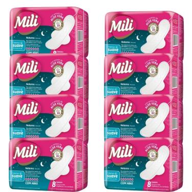 Imagem de Absorvente Fluxo Intenso c/abas Noturno MILI  8 Pacotes c/ 8 (Total: 64 absorventes)