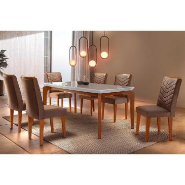 Imagem de Sala De Jantar Completa Londrina C-tampo Madeirado Canto Reto 180x90cm E 6 Cadeiras Londrina Imbuia - Veludo Capuccino - Rufato