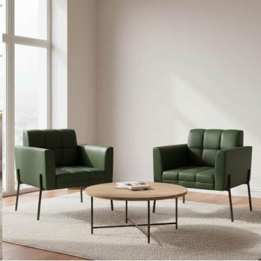 Imagem de Poltrona Sala Decorativa Kit 2 Elisa Pé Aço Lateral Preto Sintético PU Verde D03 - D'Rossi