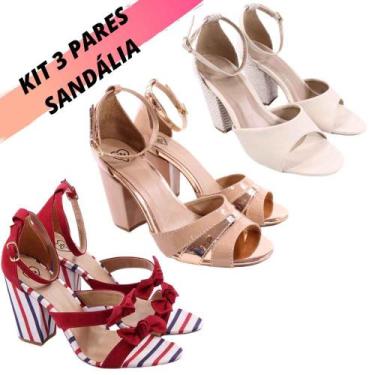 Imagem de Kit 3 Sandalia Salto Alto Grosso Feminy Revenda Atacado, Nude, 36
