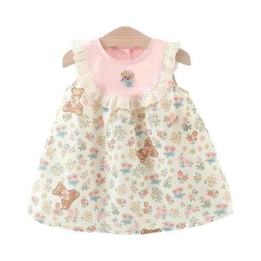 Imagem de Vestido De Algodão Sem Mangas Para Menina Pequena Com Estampa De Urso 