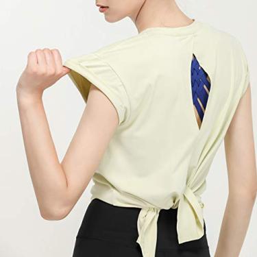 Imagem de Camiseta esportiva feminina vazada nas costas com decote oco manga curta colete de secagem rápida corrida fitness ioga blusas soltas(Small)(Luz verde)