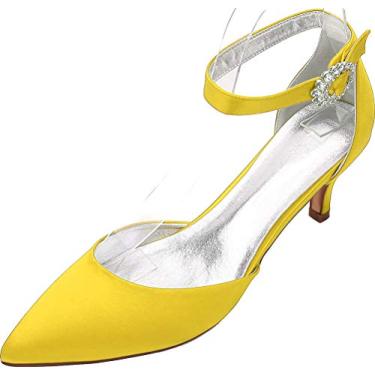 Imagem de Sapato feminino bico fino salto gatinha para casamento D-Orsay strass fivela sandália vestido de noiva noite formatura sapatos, Amarelo, 8.5