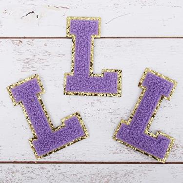 Imagem de Pacote com 3 adesivos de chenille ferro sobre glitter universitário letra "L" - tecido de chenille lavanda com acabamento dourado - Costurar ou passar - 5,5 cm de altura