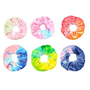 Imagem de Pulseiras de cabelo de veludo premium com tema de macaron e tiras de cabelo de arco-íris que balançam e amassam cordas de cabelo para mulheres, cor de creme para cabelo, faixas elásticas, 6 PCS Rainbow