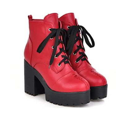 Imagem de GATUXUS Bota feminina fashion plataforma salto alto grosso bota confortável com cadarço Knight Martin, Vermelho, 10