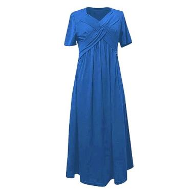 Imagem de UIFLQXX Vestido longo feminino plus size com decote em V, manga curta, cor sólida, vestido de verão de chiffon solto, Azul, P