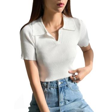 Imagem de SweatyRocks Camiseta feminina de manga curta com gola em V e gola em V e malha canelada slim fit cropped camisetas polo, Branco, M