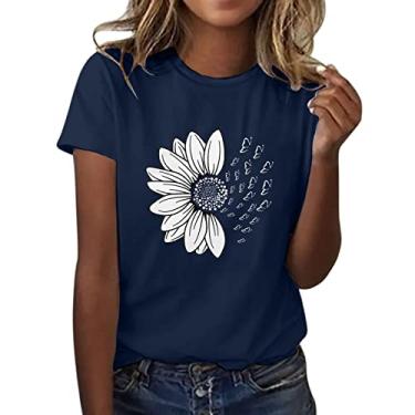 Imagem de Camiseta feminina com estampa de girassol de verão, blusa solta para sair, casual, férias, manga curta, Azul marino, P
