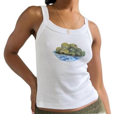 Imagem de SOLILOQUY Camiseta regata feminina y2k com estampa de frutas, sem mangas, para bebê, bonita, justa, básica, dos anos 90, estética urbana, Uma regata Olive Bowl, P