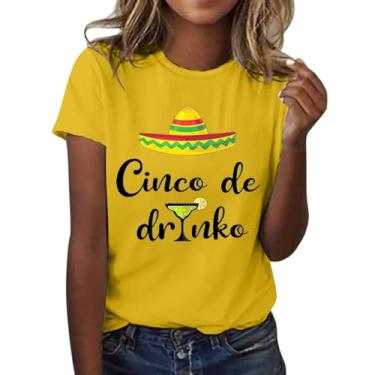 Imagem de Duobla Camisetas femininas Cinco De Mayo para festa mexicana de manga curta para beber camisetas estampadas engraçadas e fofas da moda, A-4-amarelo, G