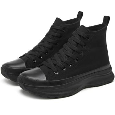 Imagem de Yageyan Tênis feminino de cano alto – plataforma de lona, tênis, clássico, casual, confortável, Todo preto, 37