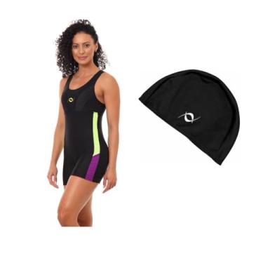 Imagem de Kit Macaquinho Natação E Hidroginástica Com Touca De Helanca (Preto/Amarelo/Roxo - Touca Preta, P)