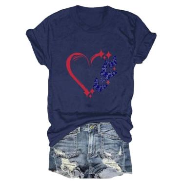 Imagem de Camisetas femininas 4th of July Memorial Day camisetas femininas fofas camisetas patrióticas de manga curta, Azul marino, GG