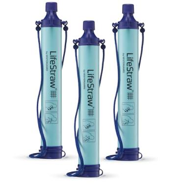 Imagem de Filtro de água pessoal LifeStraw para caminhadas, acampamento, viagem e preparação de emergência, pacote com 3, azul