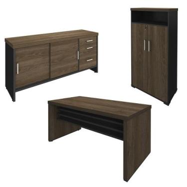 Imagem de Conjunto Escritório 3 Peças Mesa 158cm Corp A06 Charuto/Preto - Mpozen