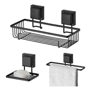 Imagem de Kit de Acessórios para Banheiro com Ventosa Preto Fosco 3 Peças KIT-92